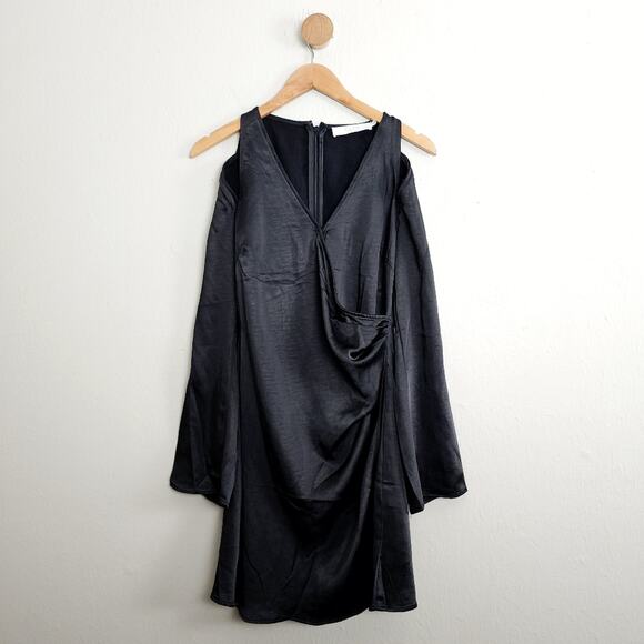 ASTR The Label Black Satin Cut Out Shoulder Mini Dress Bell Sleeve Size Medium - Picture 5 of 16